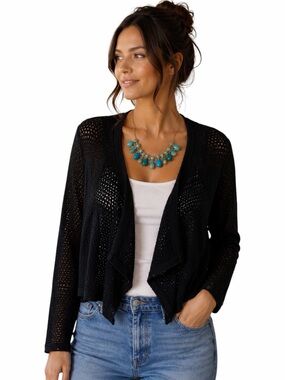 Fox Racing Small Black Open Knit Crochet Short Cardigan Boho Lagenlook Casual